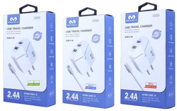 S158 Miccell Dual Travel / Wall Charger 3.3ft (VQ-T02U) Box pack